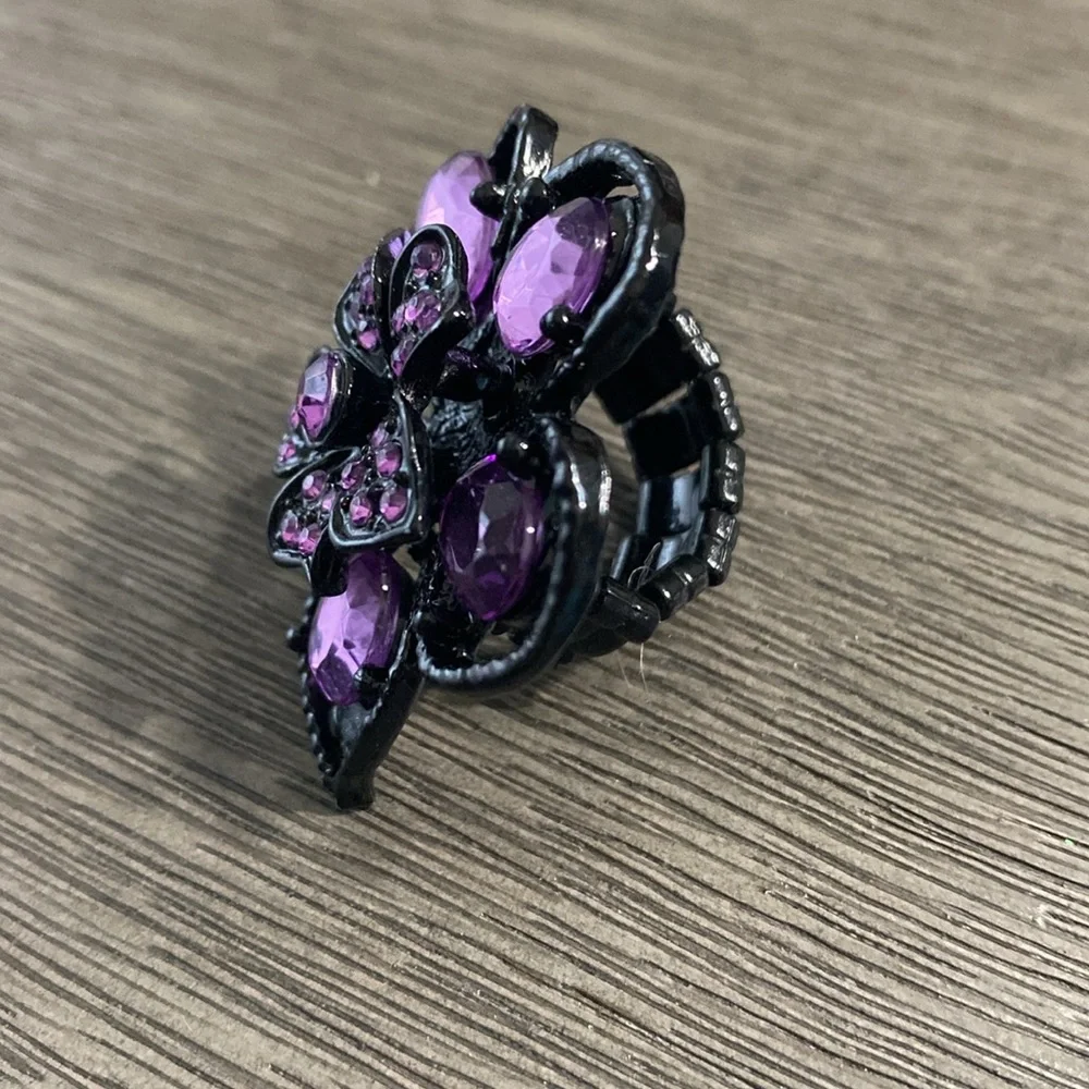 Purple Stones Black Flower Stretch Band Ring New - Picture 7 of 10